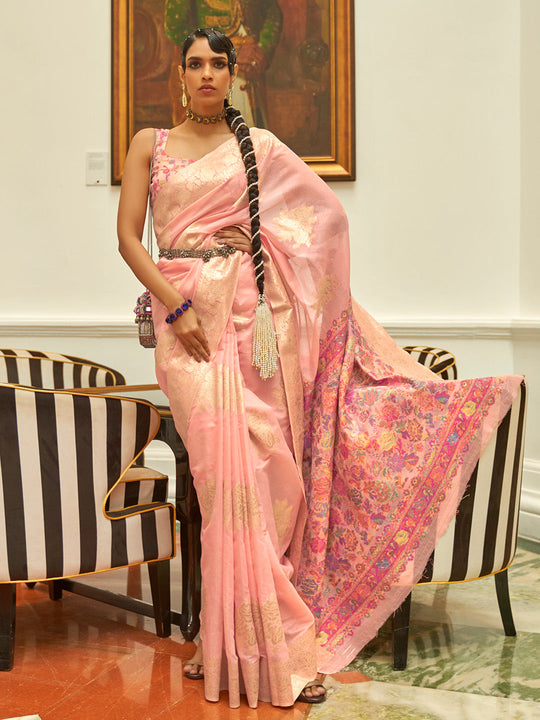 Pink Pashmina Kashmiri Modal Saree With Blouse Piece