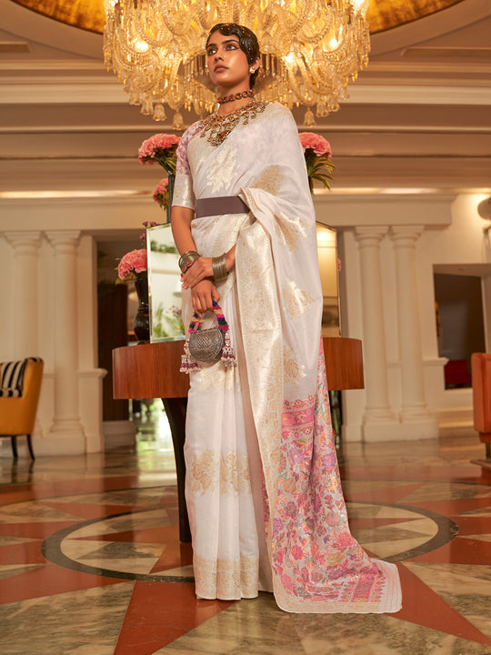 White Pashmina Kashmiri Modal Saree With Blouse Piece