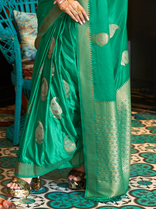 Green Satin Saree With Blouse Piece