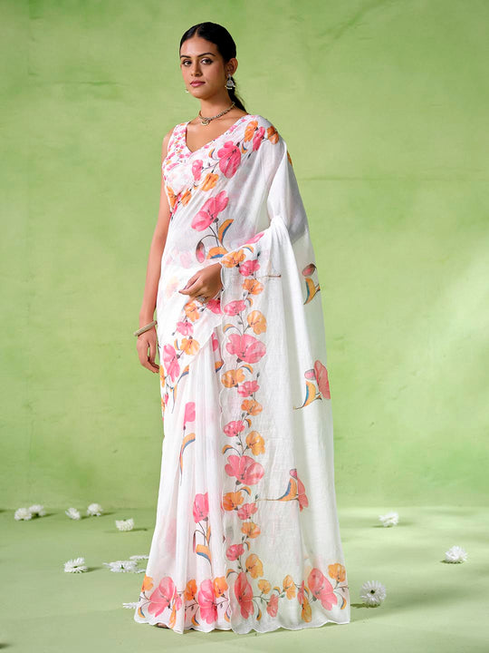 White cotton blend Printed Saree With Blouse Piece