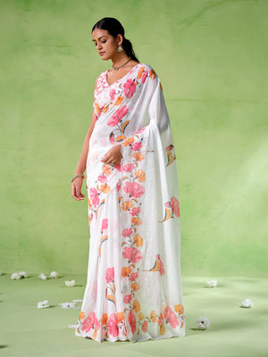 White cotton blend Printed Saree With Blouse Piece