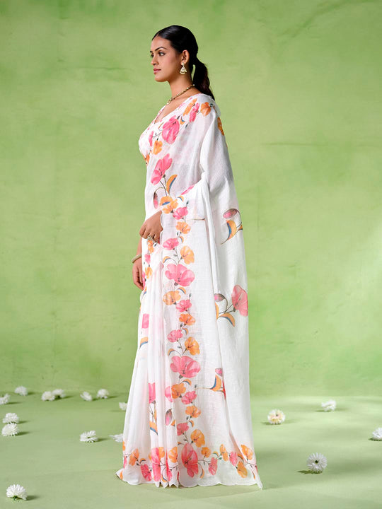 White cotton blend Printed Saree With Blouse Piece
