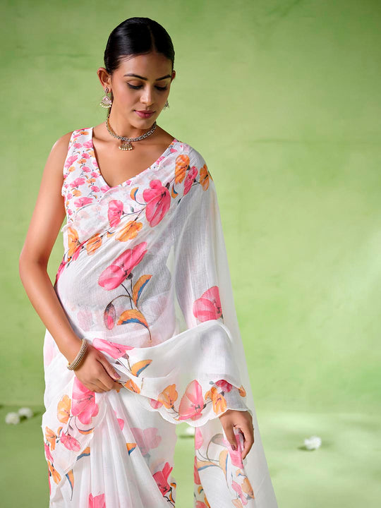 White cotton blend Printed Saree With Blouse Piece
