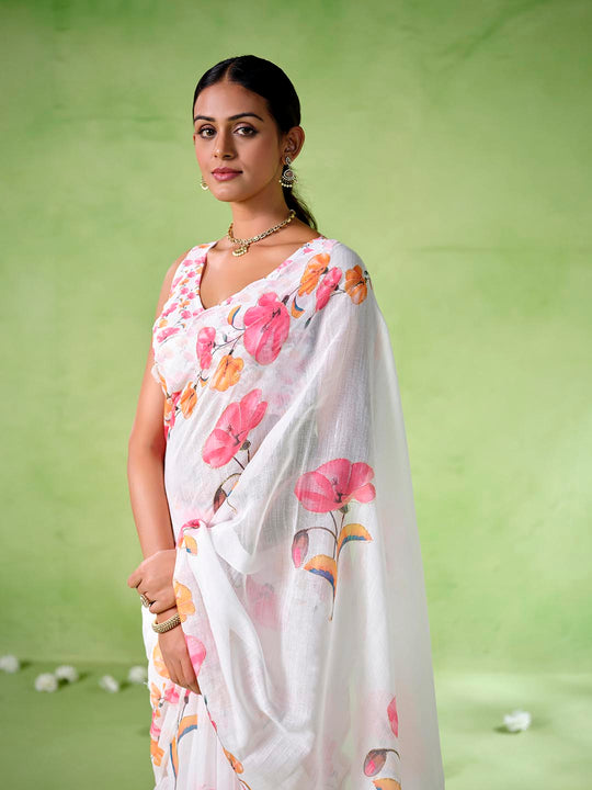 White cotton blend Printed Saree With Blouse Piece