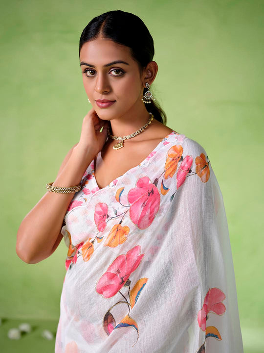 White cotton blend Printed Saree With Blouse Piece