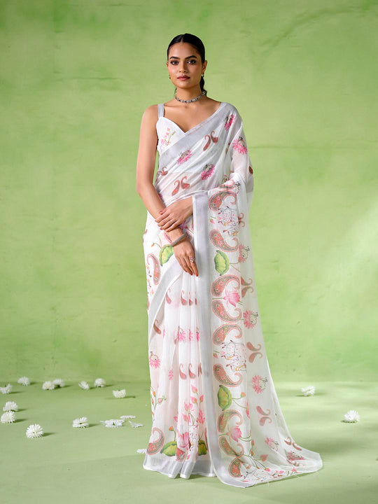 Multicolor Cotton Blend Printed Saree With Blouse Piece