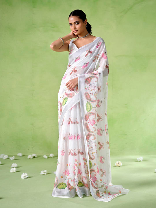 Multicolor Cotton Blend Printed Saree With Blouse Piece