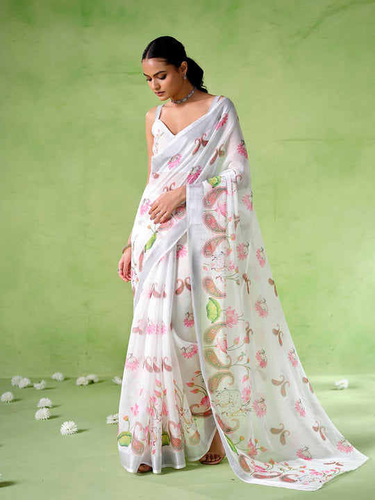 Multicolor Cotton Blend Printed Saree With Blouse Piece
