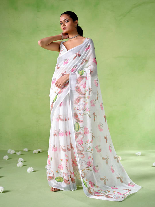 Multicolor Cotton Blend Printed Saree With Blouse Piece