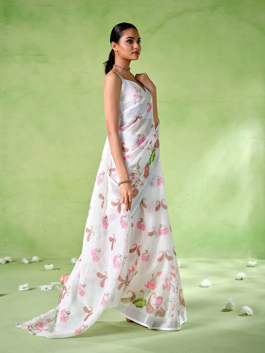 Multicolor Cotton Blend Printed Saree With Blouse Piece