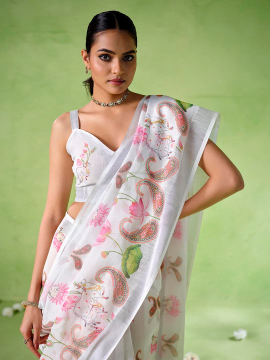 Multicolor Cotton Blend Printed Saree With Blouse Piece