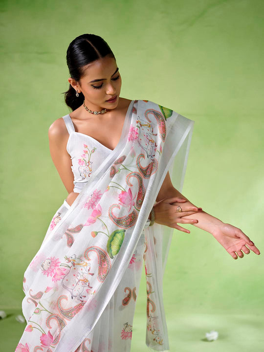 Multicolor Cotton Blend Printed Saree With Blouse Piece