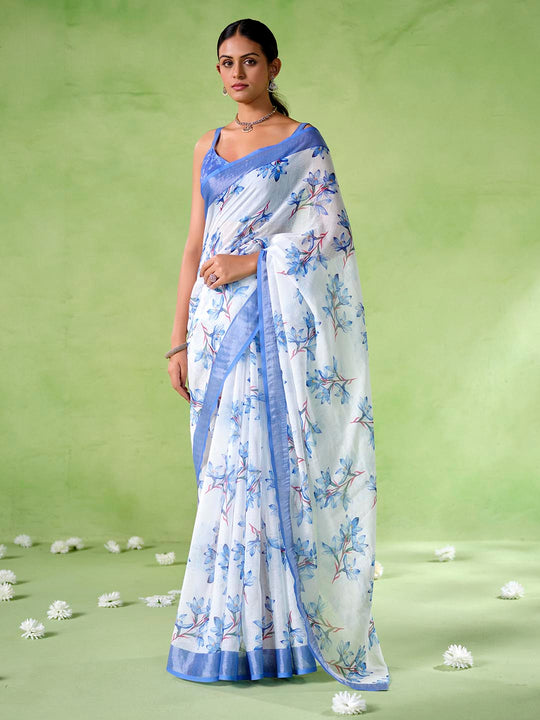 blue Cotton Blend Printed Saree With Blouse Piece