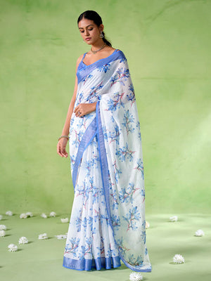 blue Cotton Blend Printed Saree With Blouse Piece