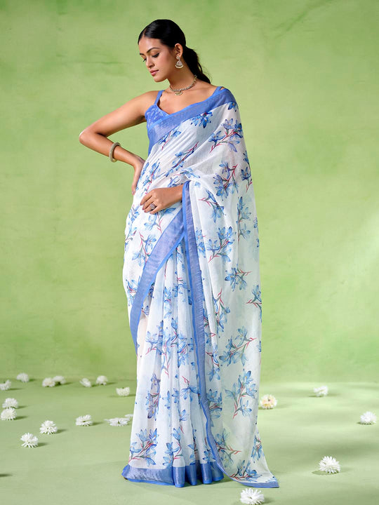 blue Cotton Blend Printed Saree With Blouse Piece