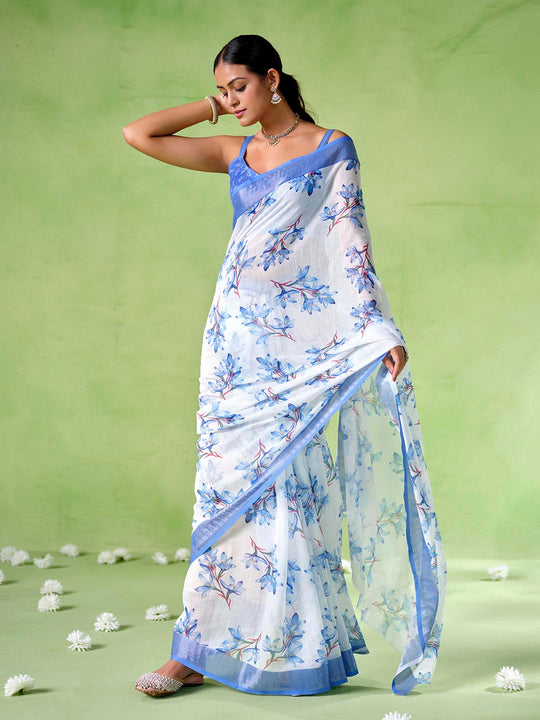 blue Cotton Blend Printed Saree With Blouse Piece