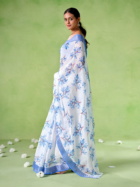 blue Cotton Blend Printed Saree With Blouse Piece