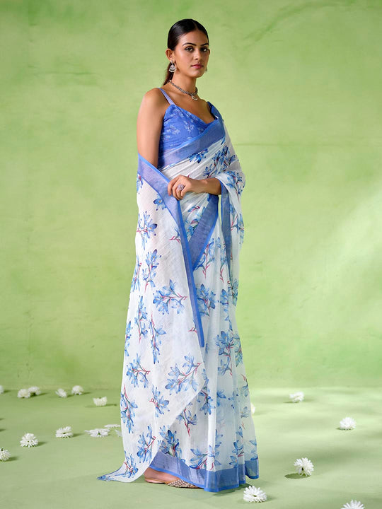 blue Cotton Blend Printed Saree With Blouse Piece