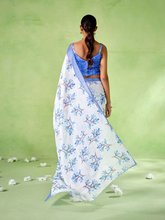blue Cotton Blend Printed Saree With Blouse Piece