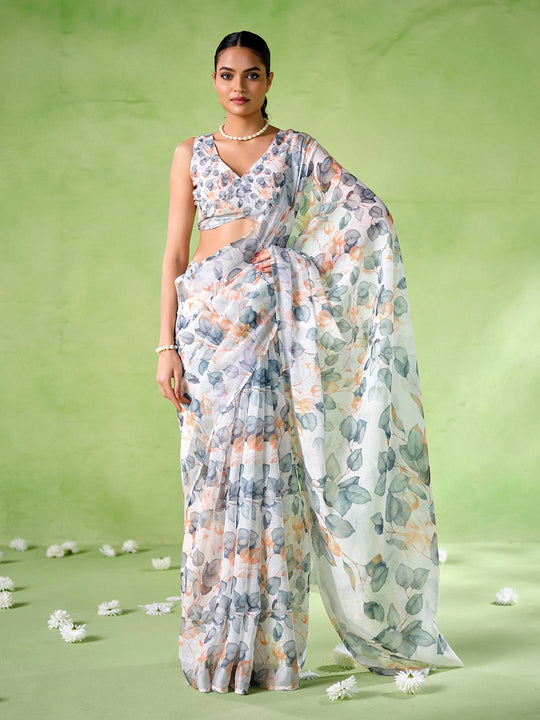 Multicolor Cotton Blend Printed Saree With Blouse Piece