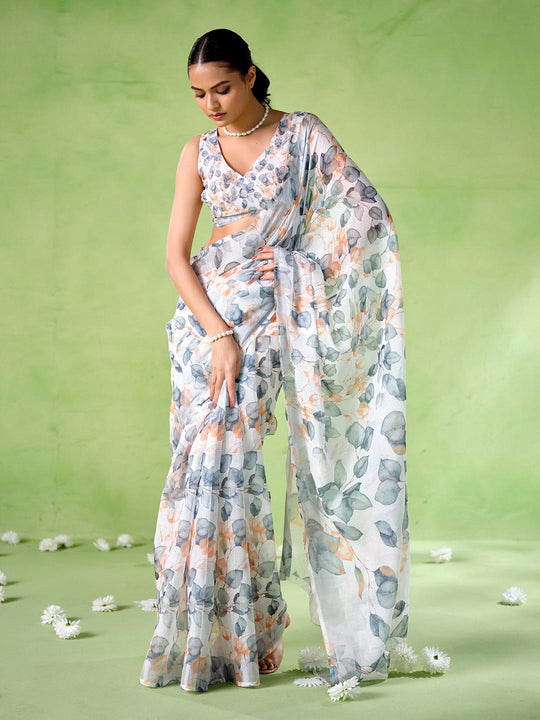 Multicolor Cotton Blend Printed Saree With Blouse Piece
