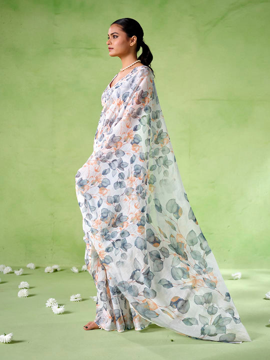 Multicolor Cotton Blend Printed Saree With Blouse Piece
