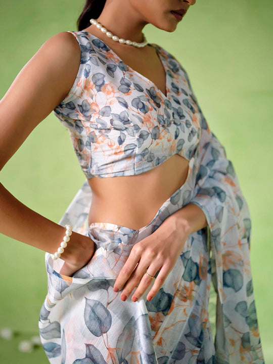 Multicolor Cotton Blend Printed Saree With Blouse Piece