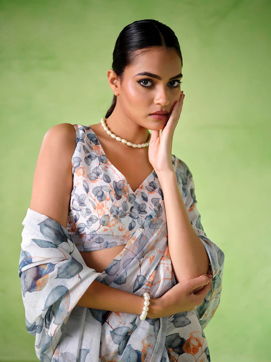 Multicolor Cotton Blend Printed Saree With Blouse Piece