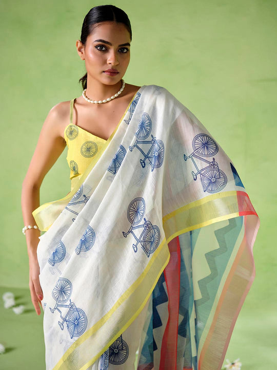 Multicolor Cotton Blend Printed Saree With Blouse Piece