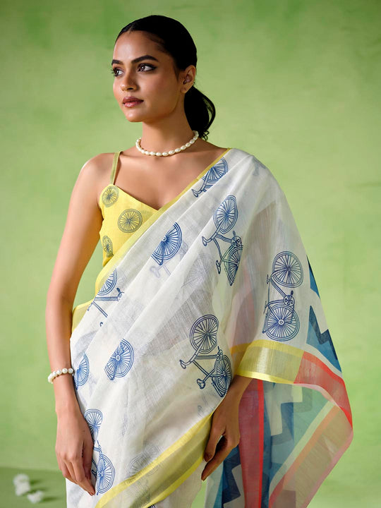 Multicolor Cotton Blend Printed Saree With Blouse Piece