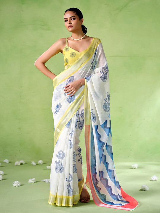 Multicolor Cotton Blend Printed Saree With Blouse Piece