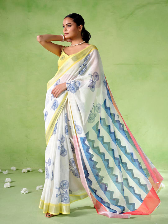 Multicolor Cotton Blend Printed Saree With Blouse Piece
