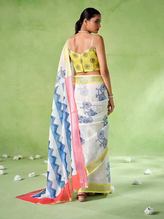 Multicolor Cotton Blend Printed Saree With Blouse Piece