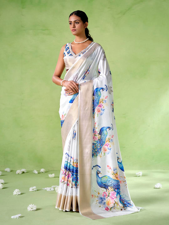 Multicolor Silk Blend Printed Saree With Blouse Piece