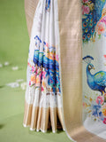 Multicolor Silk Blend Printed Saree With Blouse Piece