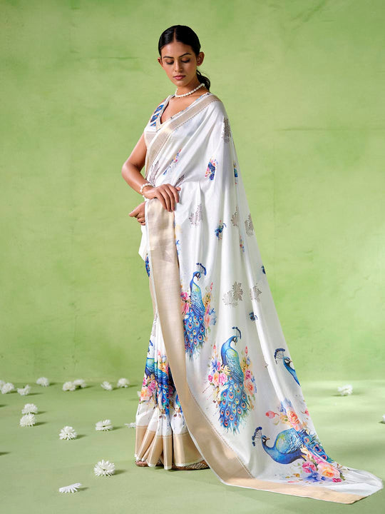 Multicolor Silk Blend Printed Saree With Blouse Piece