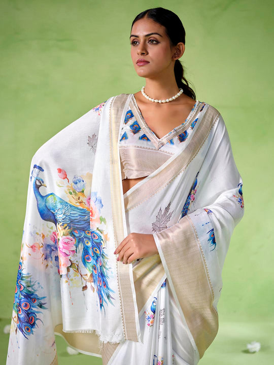 Multicolor Silk Blend Printed Saree With Blouse Piece