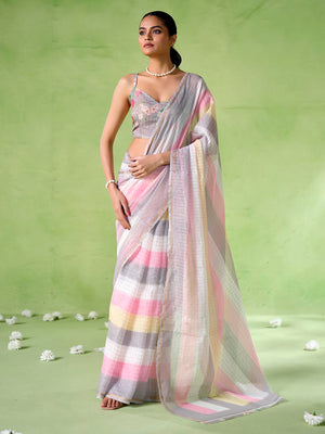 Multicolor cotton blend Printed Saree With Blouse Piece