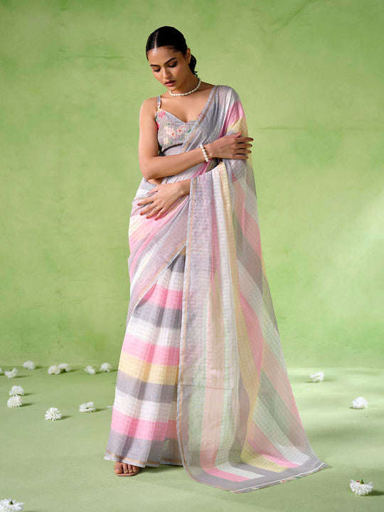 Multicolor cotton blend Printed Saree With Blouse Piece