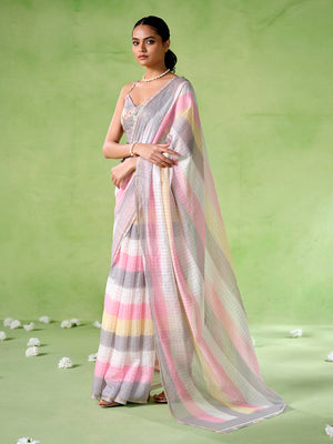 Multicolor cotton blend Printed Saree With Blouse Piece
