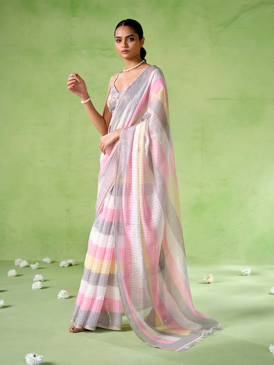 Multicolor cotton blend Printed Saree With Blouse Piece