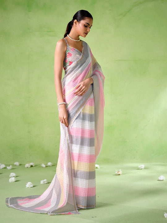 Multicolor cotton blend Printed Saree With Blouse Piece