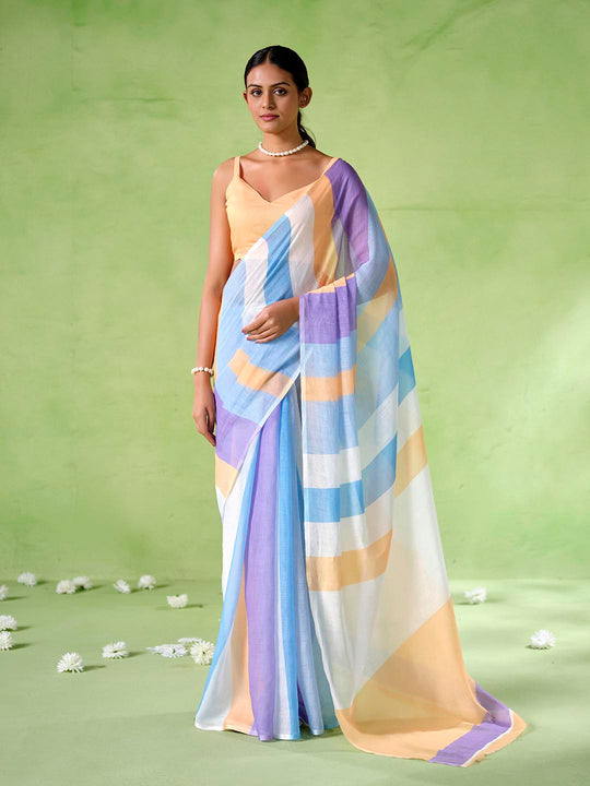 Multicolor cotton blend Printed Saree With Blouse Piece