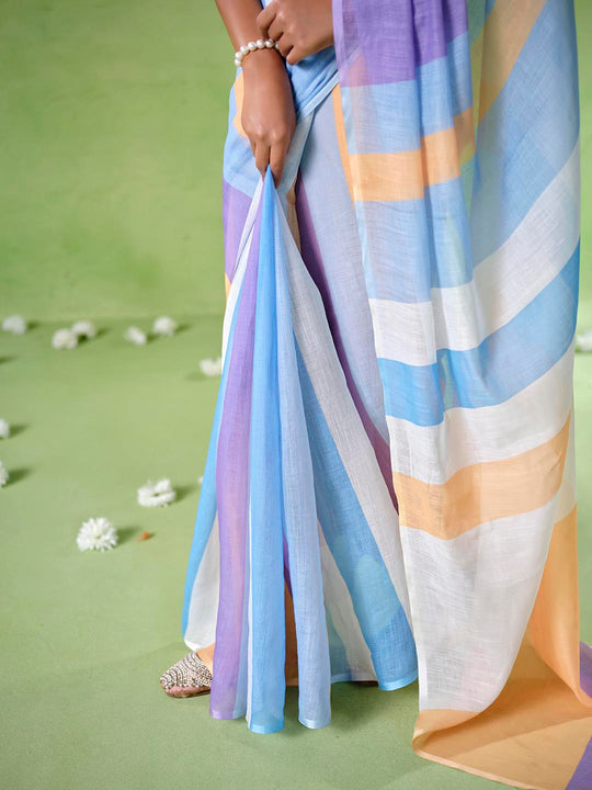 Multicolor cotton blend Printed Saree With Blouse Piece