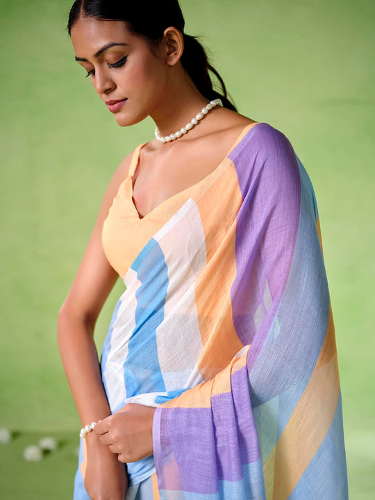 Multicolor cotton blend Printed Saree With Blouse Piece