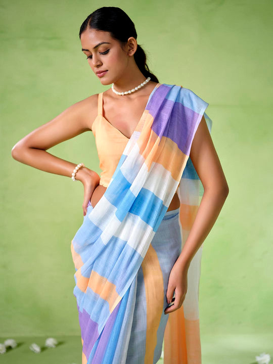 Multicolor cotton blend Printed Saree With Blouse Piece