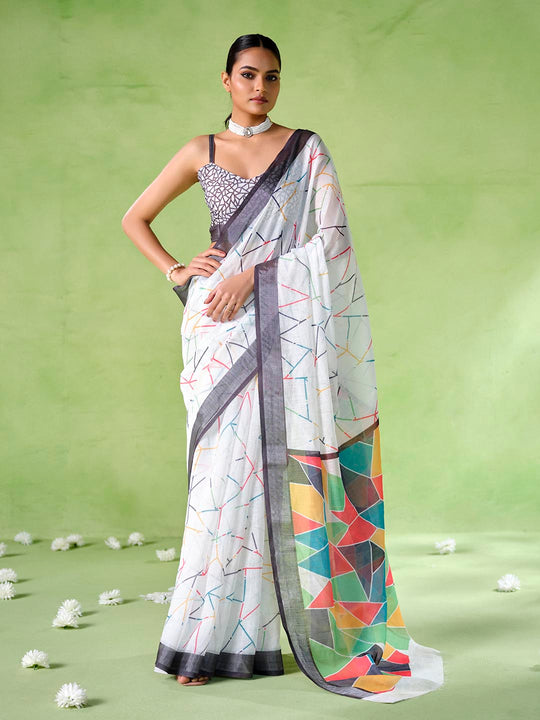 Multicolor cotton blend Printed Saree With Blouse Piece