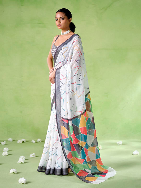 Multicolor cotton blend Printed Saree With Blouse Piece
