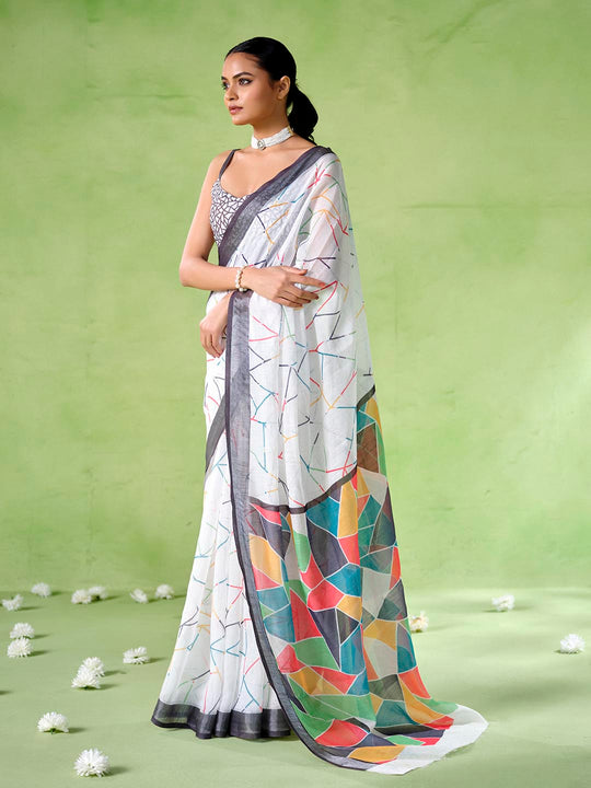 Multicolor cotton blend Printed Saree With Blouse Piece