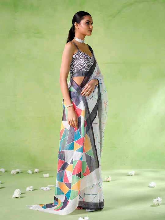 Multicolor cotton blend Printed Saree With Blouse Piece